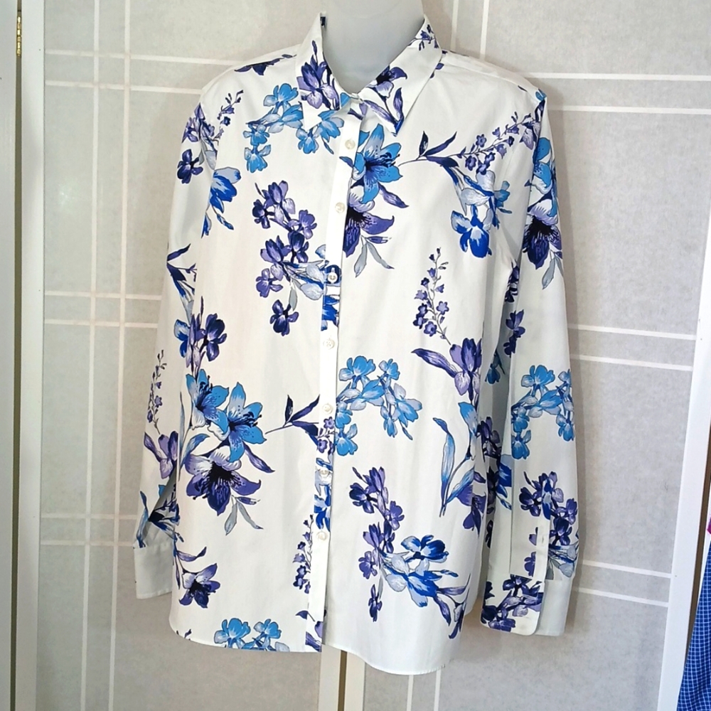 Lands' End White Button-Down Shirt with Blue & Purple Floral Print